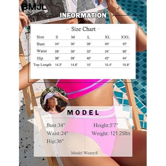 BMJL Sporty Two Piece Neon Pink Lavender Trim High Waisted Bikini Set Size 2XL - Picture 6 of 6